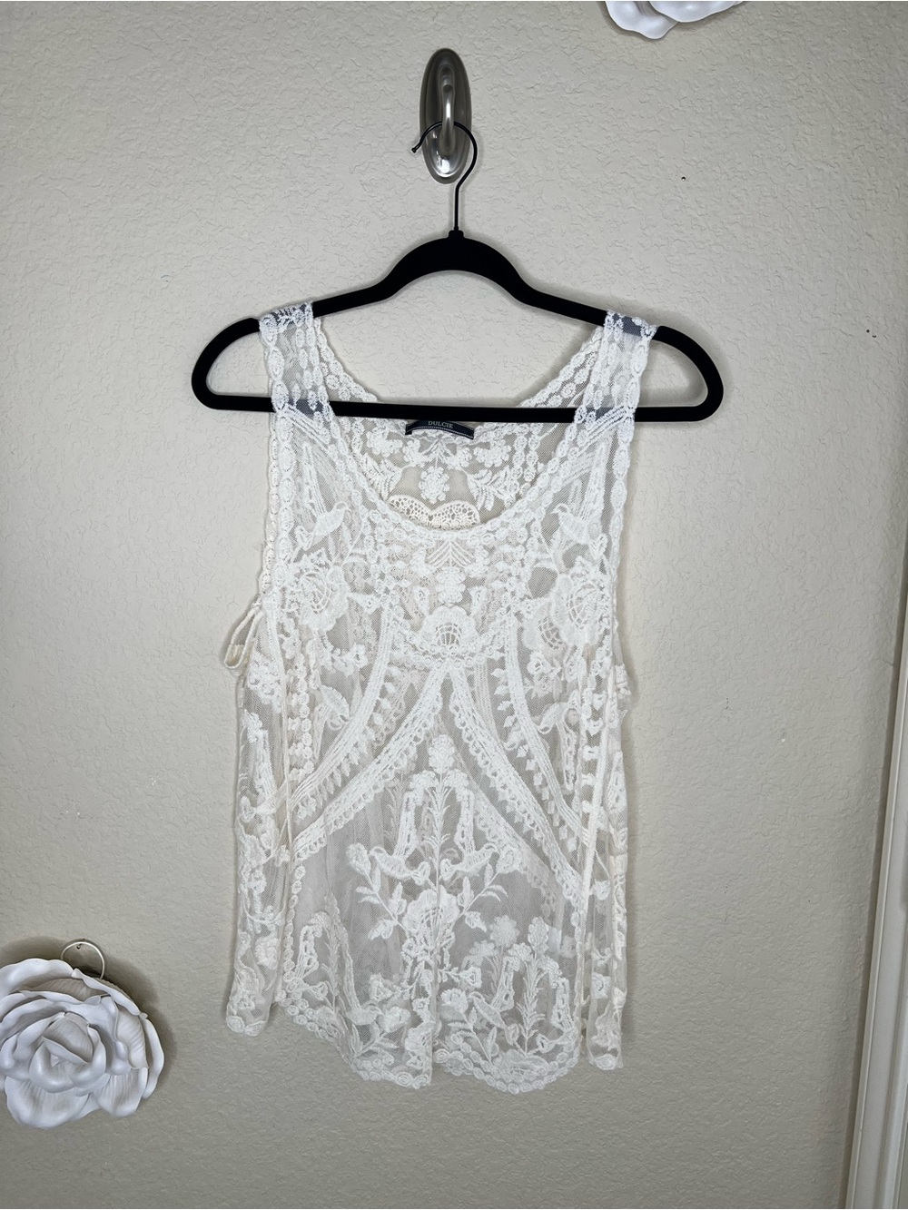 NTM Dulcie Cream Sheer Embroidered Mesh Tank Top Ibiza Nights Boho Chic Sz Large